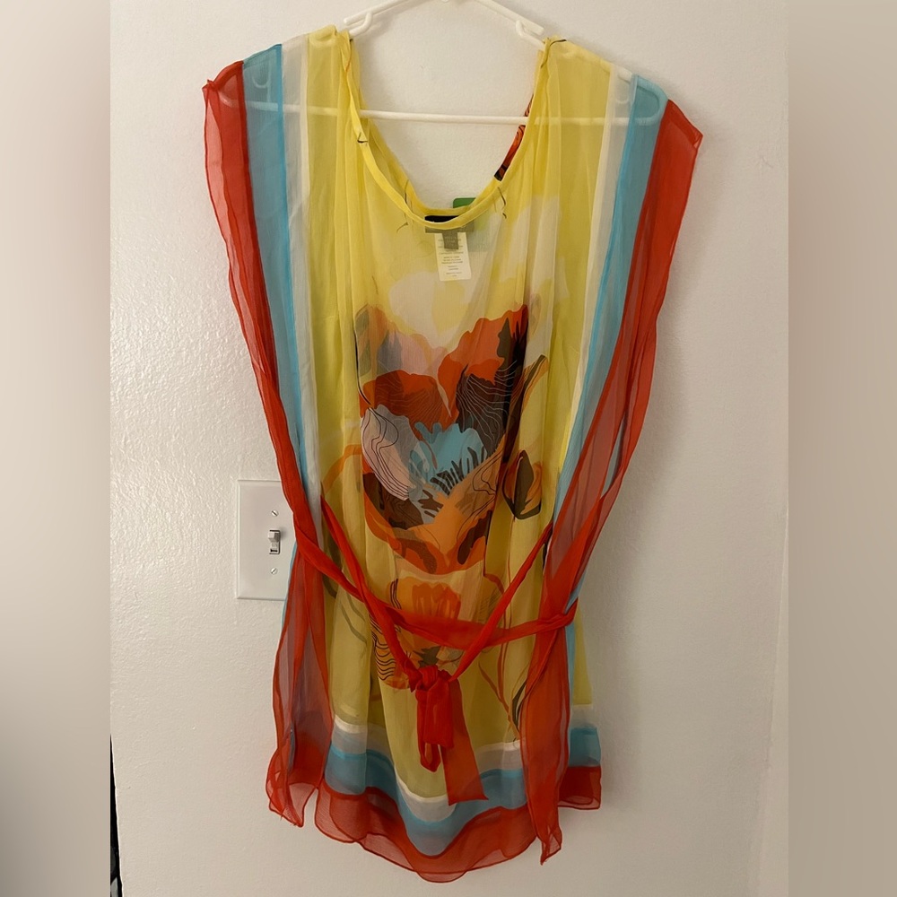 bebe Multicolor Sheer Blouse with Red Accents
